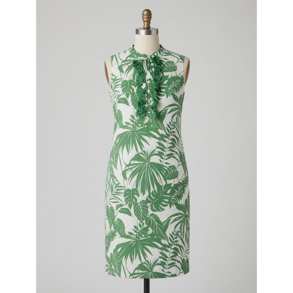 Tori Richard Honolulu Tropical Palm Linen Tassel Shift Dress Sz M